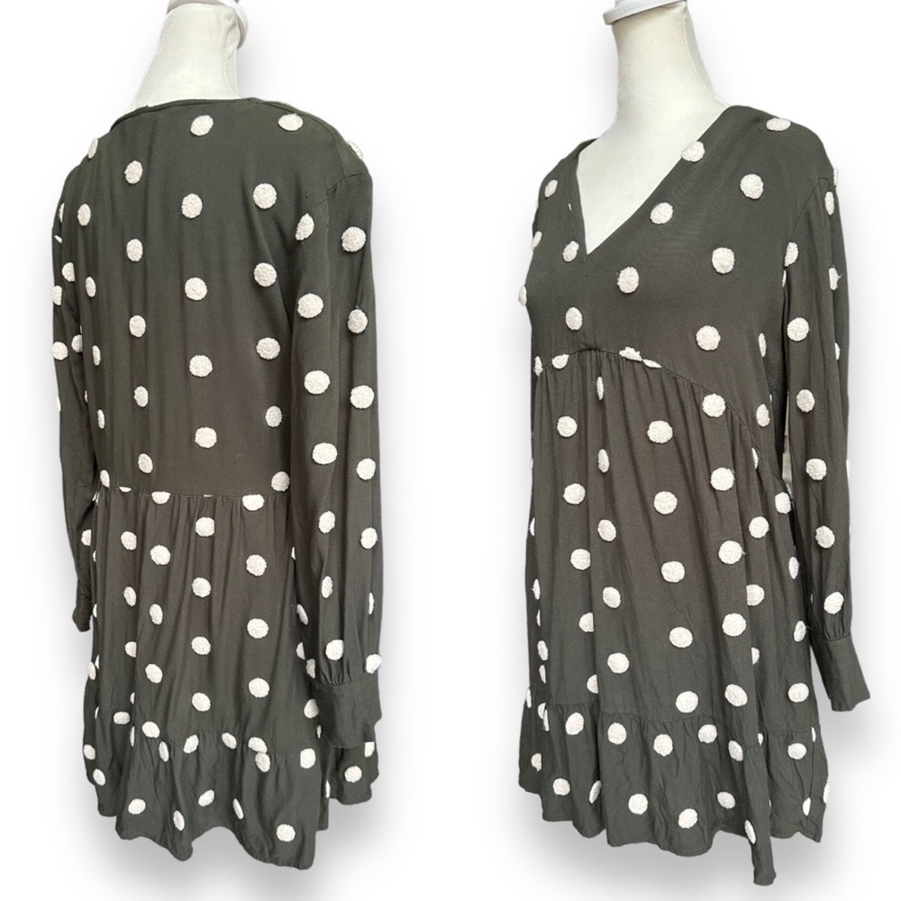 Zara Khaki Green Embroidered Polka Dot Long Sleeve Baby-Doll Dress | Medium - Picture 7 of 14